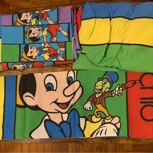Vtg Pinocchio Twin Sheet & Fitted + Pillowcase set Colorblock Jiminy Cricket USA
